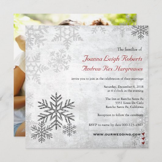 銀製の雪片の冬の結婚式の写真の招待状 招待状 (正面/裏面)