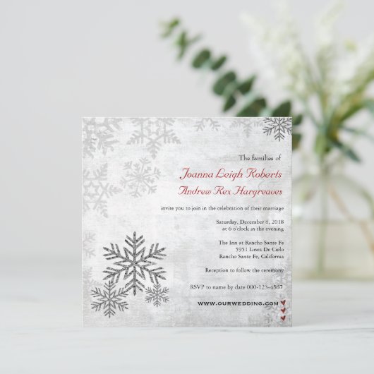 銀製の雪片の冬の結婚式の写真の招待状 招待状 (スタンド正面)