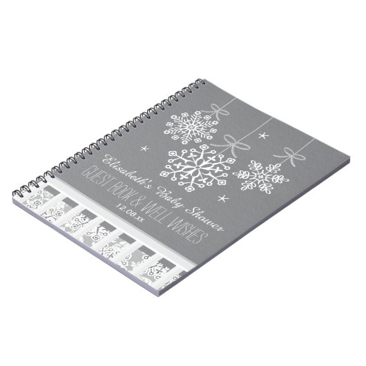 銀製の雪片の移動式ベビーシャワーの来客名簿 ノートブック (左側)