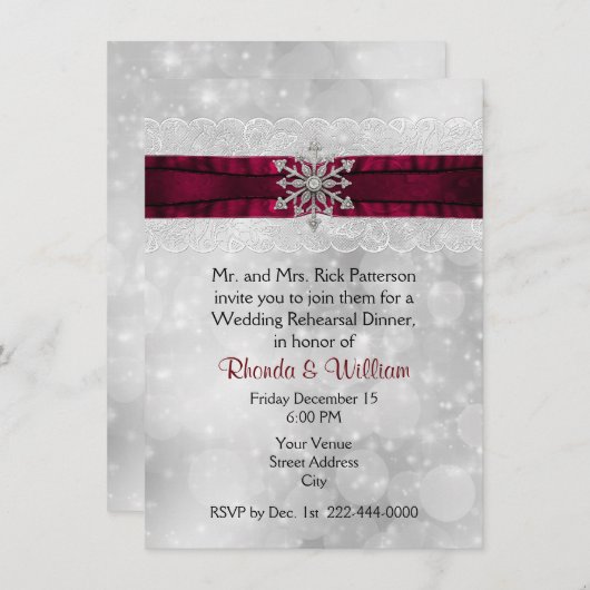 銀製の雪片の結婚式のリハーサルの夕食 招待状 (正面/裏面)