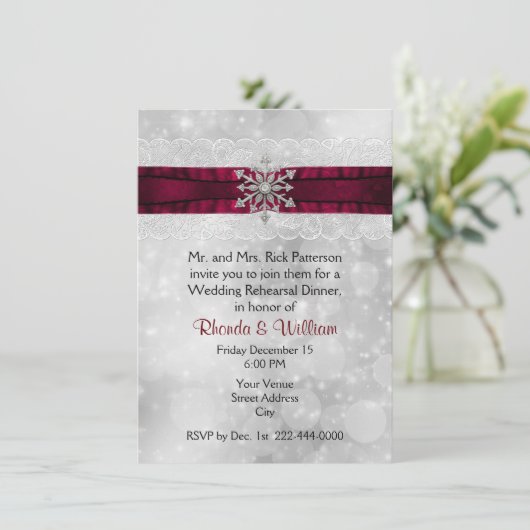 銀製の雪片の結婚式のリハーサルの夕食 招待状 (スタンド正面)