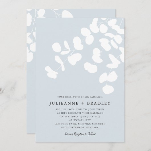 銀製の霧のユーカリの緑の草木のモダンな結婚式 招待状 (正面/裏面)