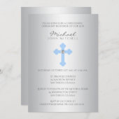 銀製の青い十字の《キリスト教》洗礼式や命名式/洗礼の男の子の招待 招待状 (正面/裏面)