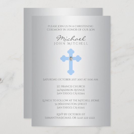 銀製の青い十字の《キリスト教》洗礼式や命名式/洗礼の男の子の招待 招待状 (正面/裏面)