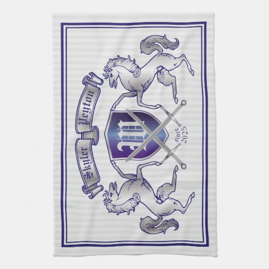 銀製の馬の盾あなた自身の紋章付き外衣を作って下さい キッチンタオル (縦)