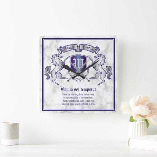 銀製の馬の盾あなた自身の紋章付き外衣を作って下さい スクエア壁時計 (ホーム)