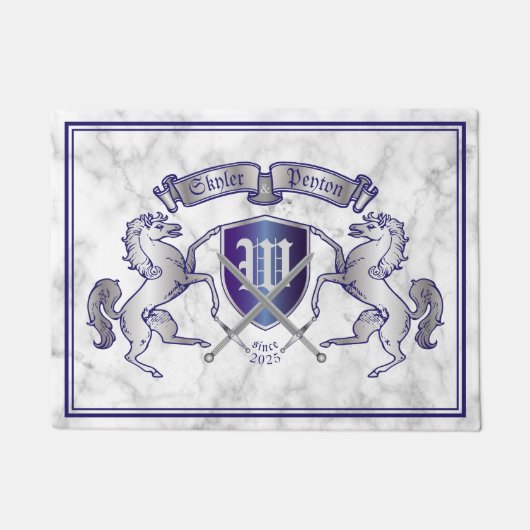 銀製の馬の盾あなた自身の紋章付き外衣を作って下さい ドアマット (正面)