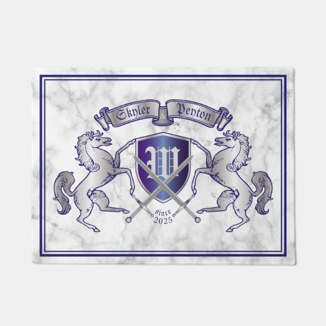 銀製の馬の盾あなた自身の紋章付き外衣を作って下さい ドアマット (正面)