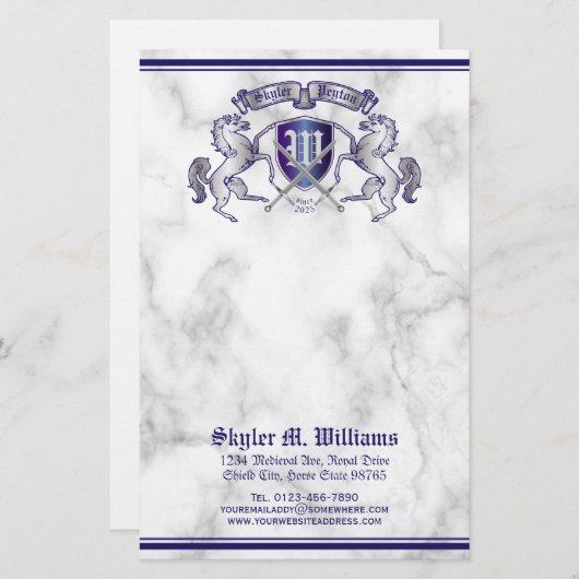 銀製の馬の盾あなた自身の紋章付き外衣を作って下さい 便箋 (正面/裏面)