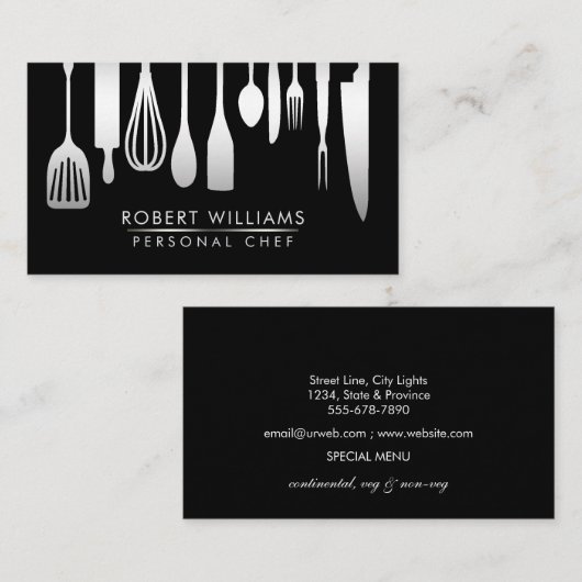 銀製の黒いシェフの台所用具のグリッターののど 名刺 (正面/裏面)