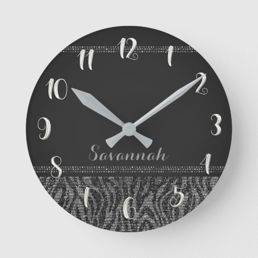 銀製の黒いシマウマのプリントの魅力的なスパンコールのグリッター ラウンド壁時計 (正面)