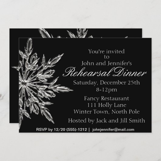 銀製の黒い雪片の冬のリハーサルの夕食 招待状 (正面/裏面)