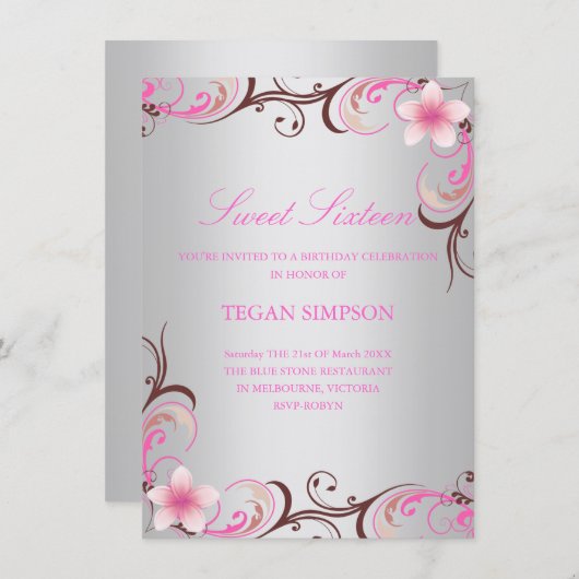 銀製のFrangipaniのSweet sixteenの誕生日の招待 招待状 (正面/裏面)