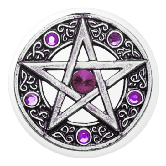 銀製及び紫色の五芒星の陶磁器のノブ セラミックノブ (正面)