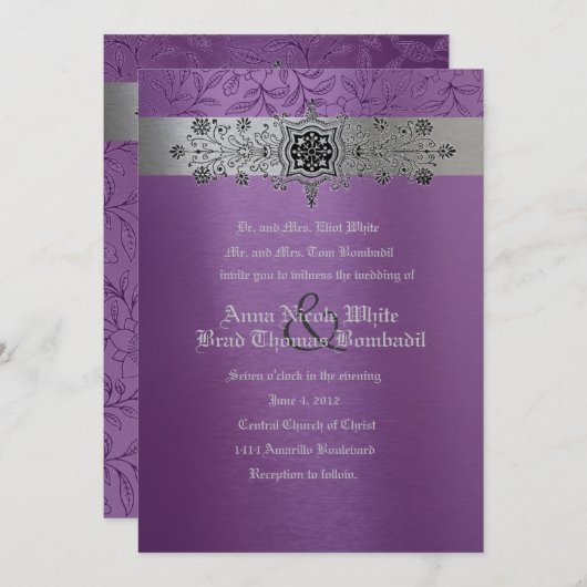 銀製及び紫色の花の金属結婚式招待状 招待状 (正面/裏面)