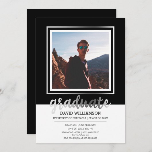 銀製及び黒い原稿|の写真フレームの卒業 招待状 (正面/裏面)