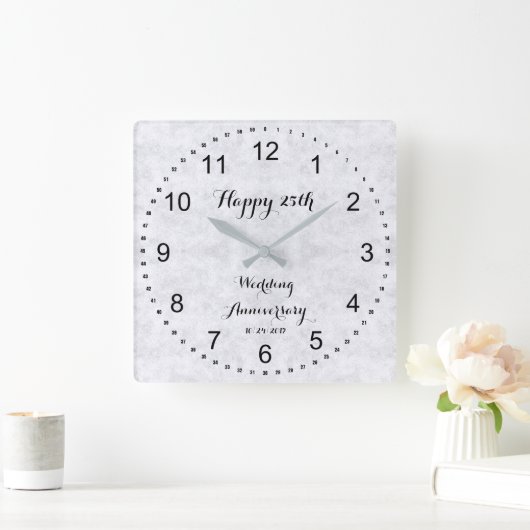 銀製灰色の第25銀製の結婚記念日 スクエア壁時計 (ホーム)