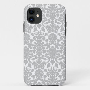 銀製灰色の華美な花のダマスク織パターン iPhone 11 ケース