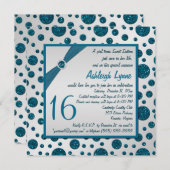 銀製灰色、ティール(緑がかった色)のフェイクなグリッターの水玉模様の菓子16 招待状 (正面/裏面)