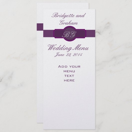 銀製紙の紫色の結婚式メニューカード メニュー (正面/裏面)