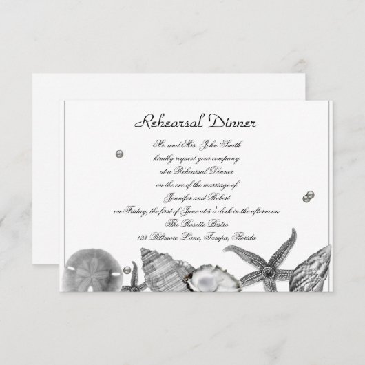 銀製結婚式のリハーサルの魅力的なビーチ 招待状 (正面/裏面)