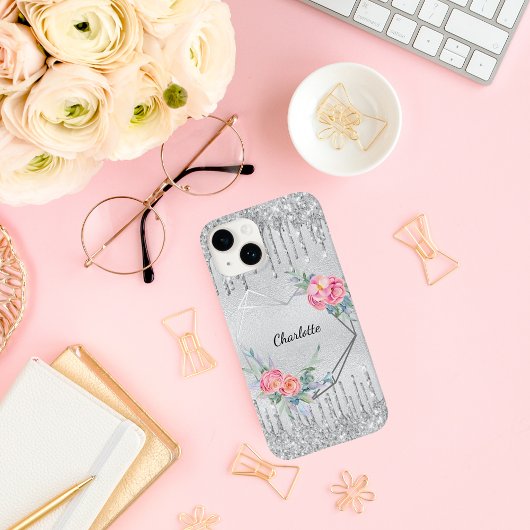 銀赤面ピンクグリッターフローラモノグラム名 Case-Mate iPhoneケース