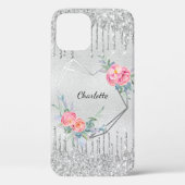 銀赤面ピンクグリッターフローラモノグラム名 Case-Mate iPhoneケース (裏面)