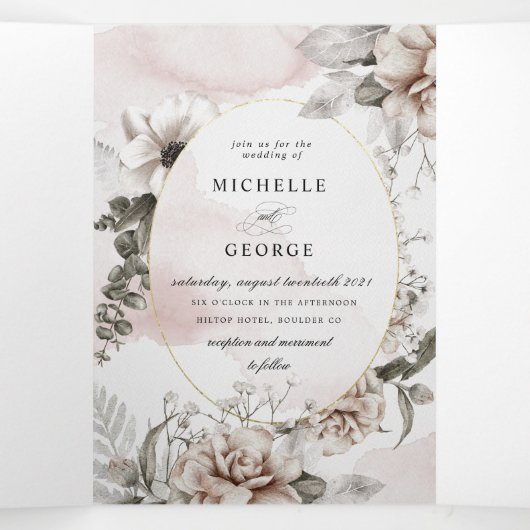 銀赤面フローラ三重結婚式招待状 三つ折り招待状 (内部中)