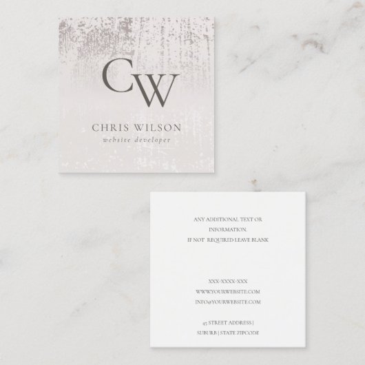 銀赤面ブラシ仕上げ金属モノグラムイニシャル スクエア名刺 (正面/裏面)