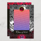 銀赤黒ダマスク卒業モノグラム 案内状 (正面/裏面)