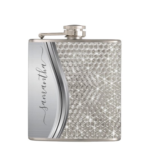 銀輝くグラムメタルきらきら光るパーソナライズされたメタル フラスク (正面)