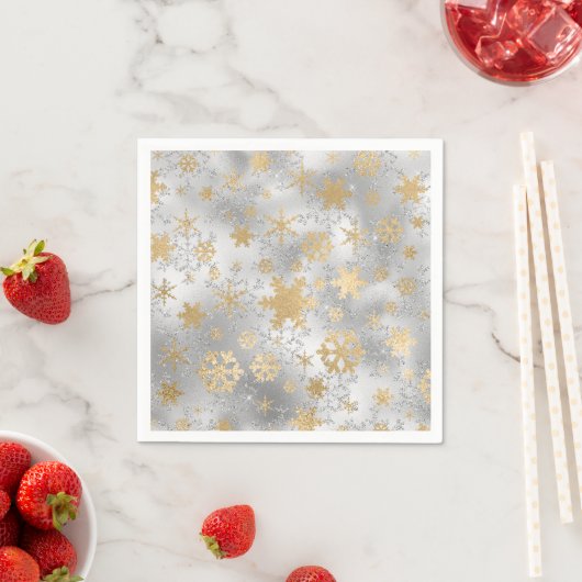 銀金ゴールドエレガントクリスマススノーフレーク模様 スタンダードカクテルナプキン (インサイチュ)