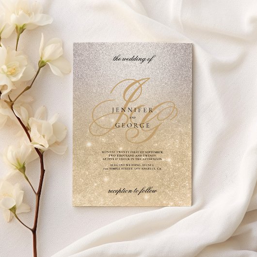銀金ゴールドモノグラムイニシャルグラデーショングリッター結婚ズ 招待状
