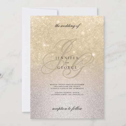 銀金ゴールドモノグラムグラデーション初期結婚グリッター 招待状 (正面)