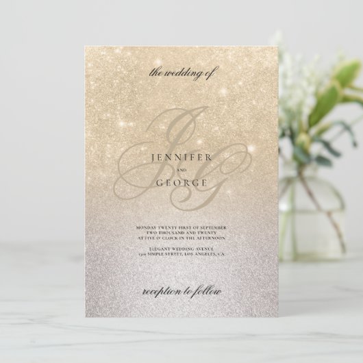 銀金ゴールドモノグラムグラデーション初期結婚グリッター 招待状 (スタンド正面)