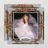 銀金ゴールド珊瑚桃色の花写真キンセアニェラ 招待状 (正面/裏面)