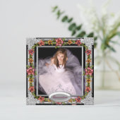 銀金ゴールド珊瑚桃色の花写真キンセアニェラ 招待状 (スタンド正面)