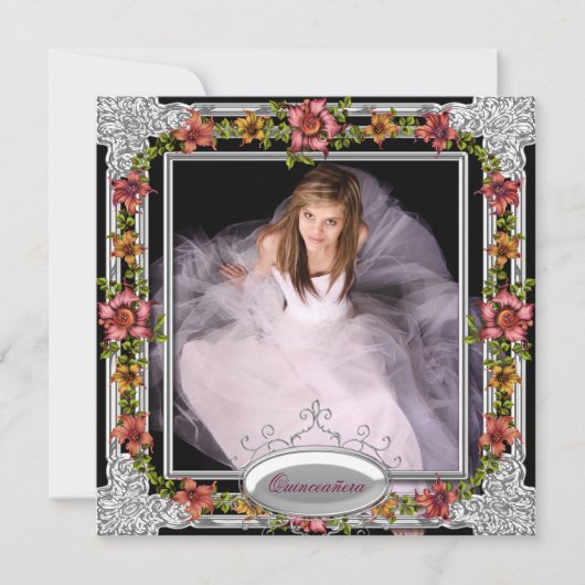 銀金ゴールド珊瑚桃色の花写真キンセアニェラ 招待状 (正面)