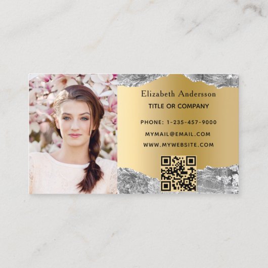 銀金ゴールド瑪瑙の大理石QRコード写真 名刺 (裏面)