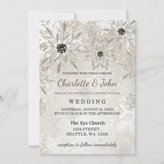 銀金ゴールド雪の冬の結婚式 招待状 (正面)