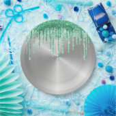 銀金モダン属グリーングリッタードリップ ペーパープレート (パーティー)