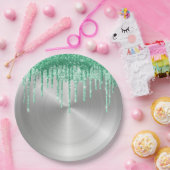 銀金モダン属グリーングリッタードリップ ペーパープレート (パーティー)