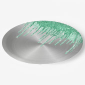 銀金モダン属グリーングリッタードリップ ペーパープレート (アングル)