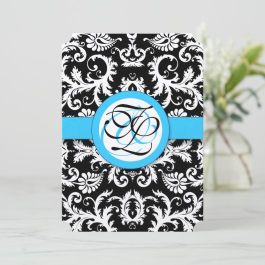 銀金属ヴィンテージダマスクブライトアクアトリム 招待状 (スタンド正面)