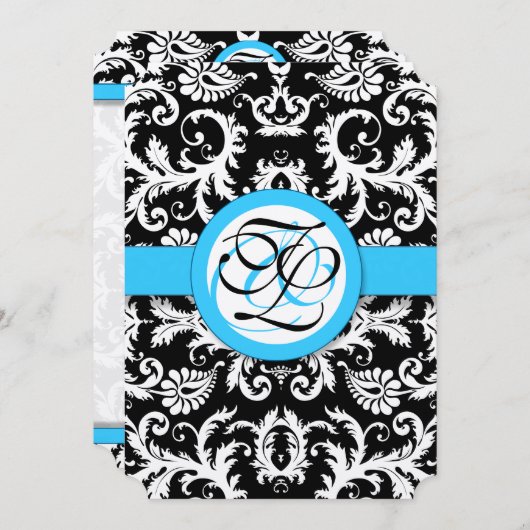 銀金属ヴィンテージダマスクブライトアクアトリム 招待状 (正面/裏面)