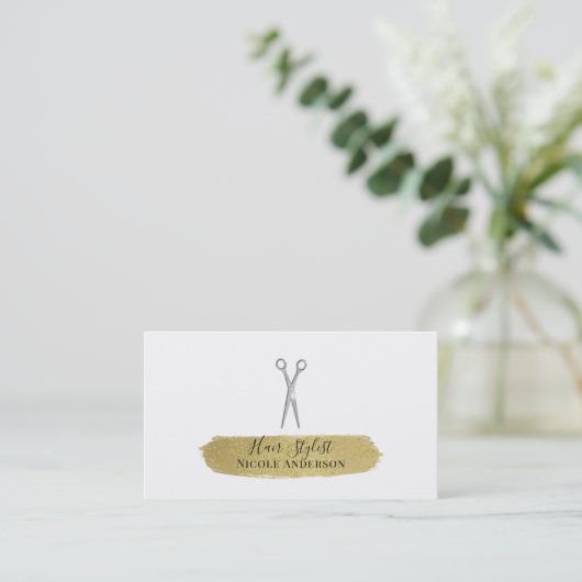 銀鋏金ゴールドグリッターブラシ美容師 名刺 (スタンド正面)