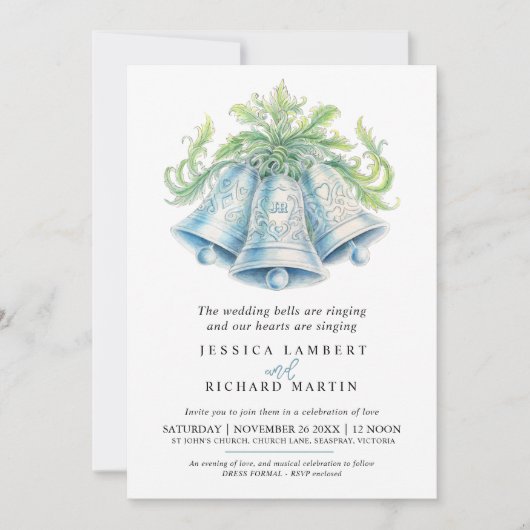 銀鐘の葉の水色の写真結婚の 招待状 (正面)