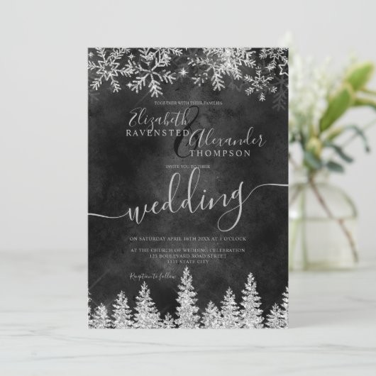 銀雪の松の黒いクリスマスウィンターウェディング 招待状 (スタンド正面)