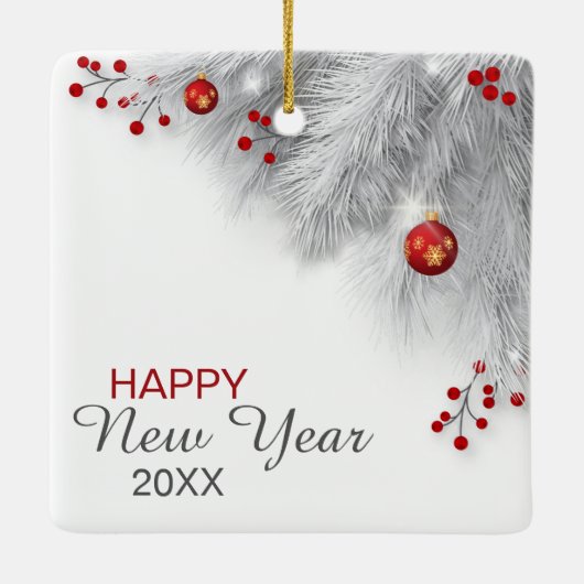 銀霜の降りたの枝の赤い装飾クリスマス セラミックオーナメント (裏面)