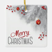 銀霜の降りたの枝の赤い装飾クリスマス セラミックオーナメント (正面)